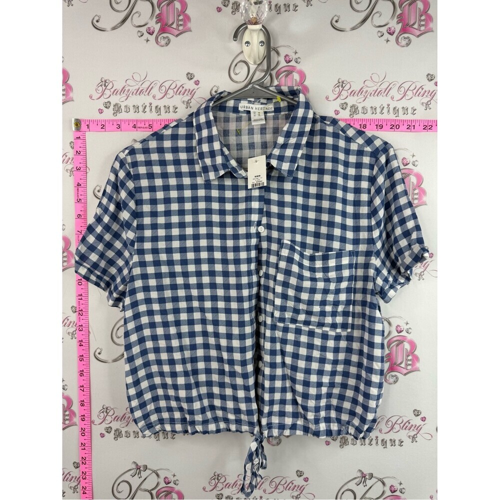 Urban Heritage tshirt button up Blue & White Gingham Tie-Hem Button Shirt